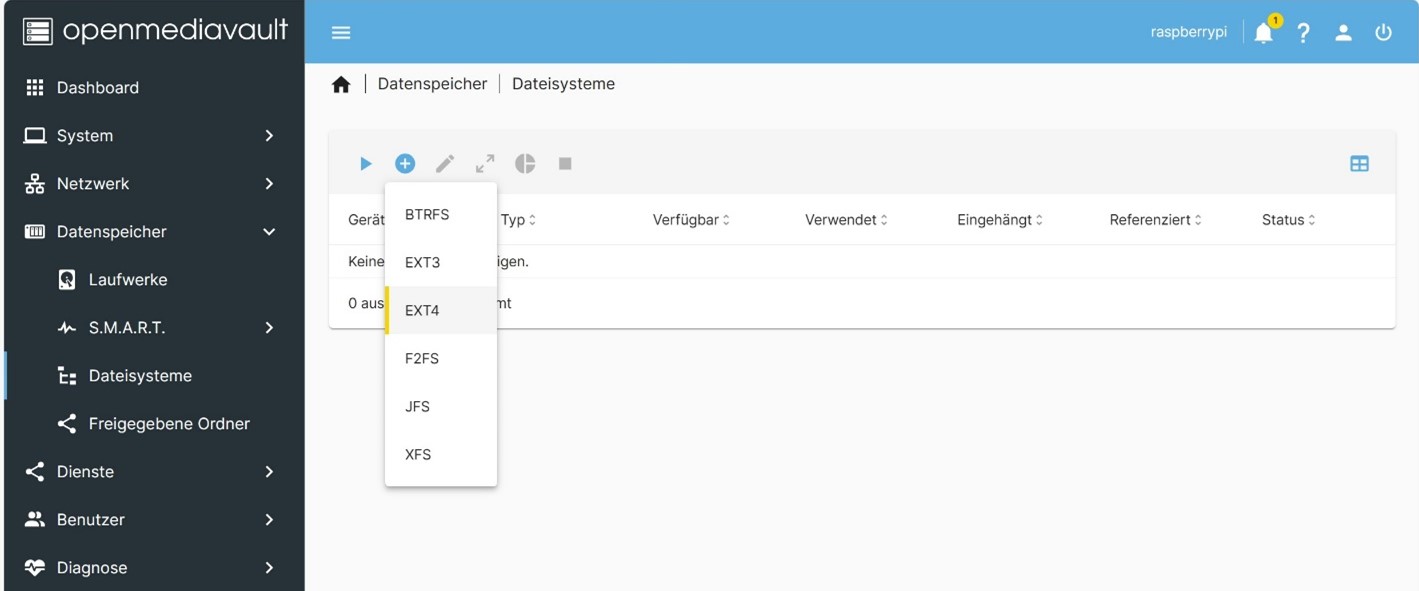 Auswahl von EXT4, um den USB-Stick erneut zu formatieren